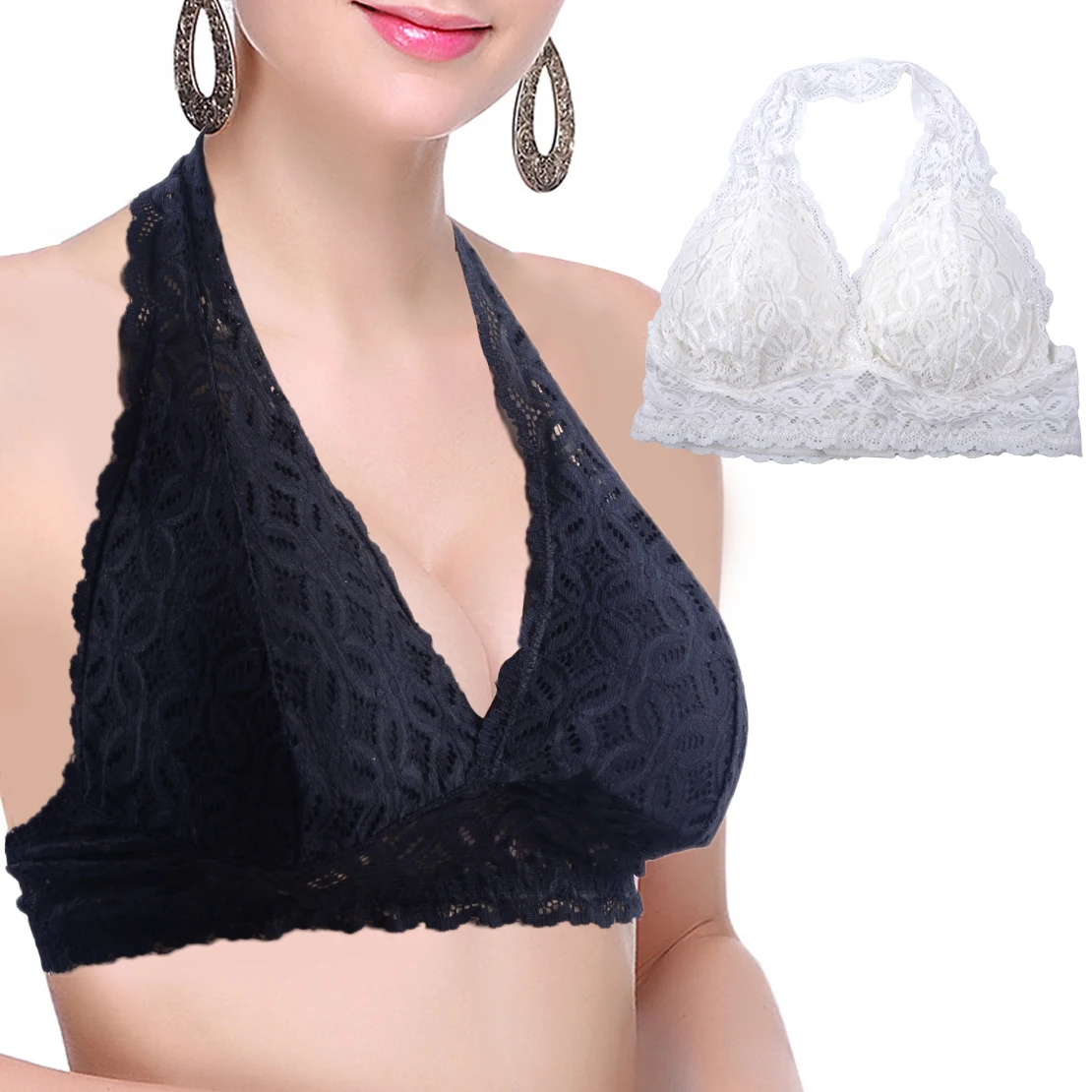 

Women Lace Bralette Halter Neck Bra Hanging Underwear Bustier Crop Top Padded Bras Hollow Vest