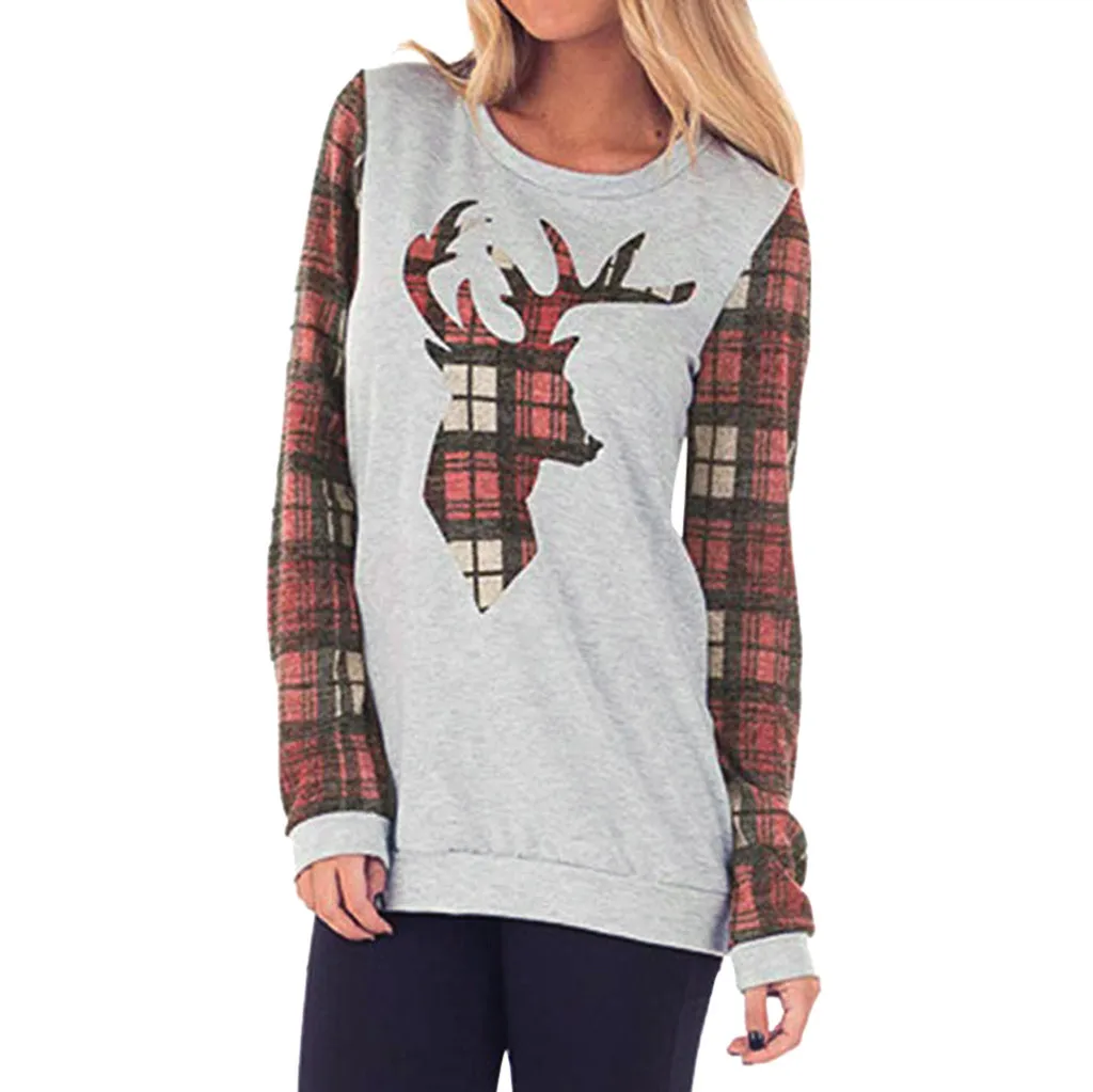 

2018 Female sweatshirt Women's Christmas Reindeer Printed Plaid Long Sleeve Sweatshirt Tops woman Female coat