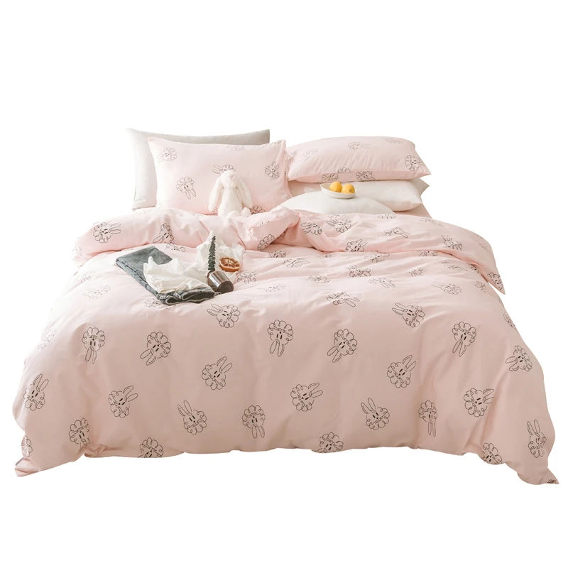 2018 font b Cute b font Pink Bunny Bedding Set Cotton Twin Queen Size 4Pcs Print