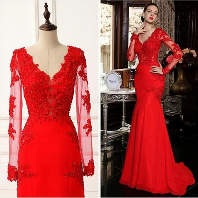 Vestidos de festa Элегантный длинное вечернее платье Китай прозрачный индивидуальный заказ бусины русалка красные платья одежда с длинным рукавом