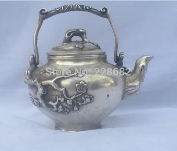 

free shipping Antique antiques Collectible Decorated Old Handwork Tibet Silver Carved Flower Teapot/Flagon