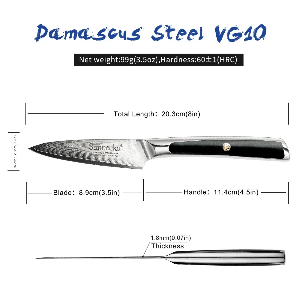 US $22.49 Sunnecko 35 Damascus Steel Fruit Paring Knife Japanese Vg10 Core Blade Kitchen Knives G10 Handle Chefs Utility Cutter Gift