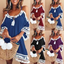 Летний Повседневный свободный пляжный сарафан с открытыми плечами и кисточками, женское мини-платье на тонких бретелях, платье в стиле бохо размера плюс S-5XL