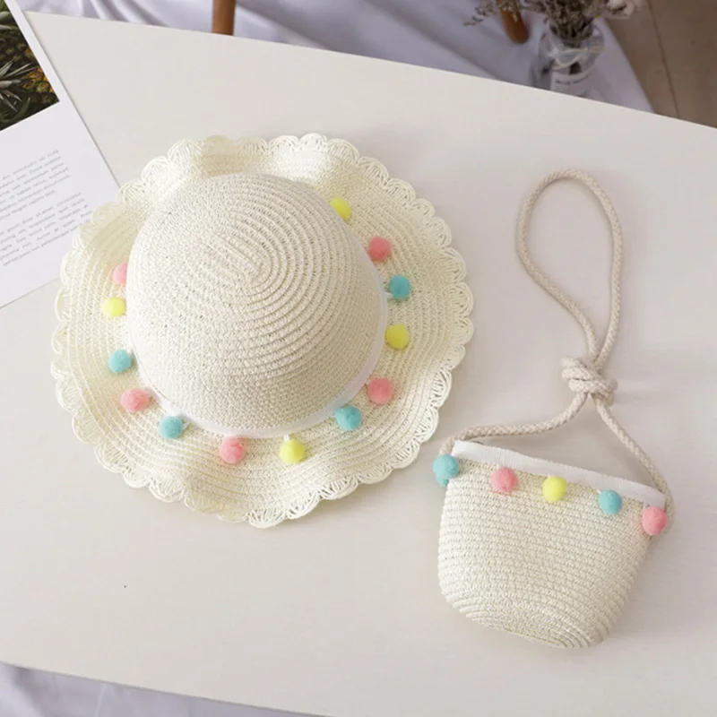 New Hat Bag Set Wavy Straw Hats Colored Balls Cap Single Shoulder Bag for Kids Spring Summer Beach LMH66