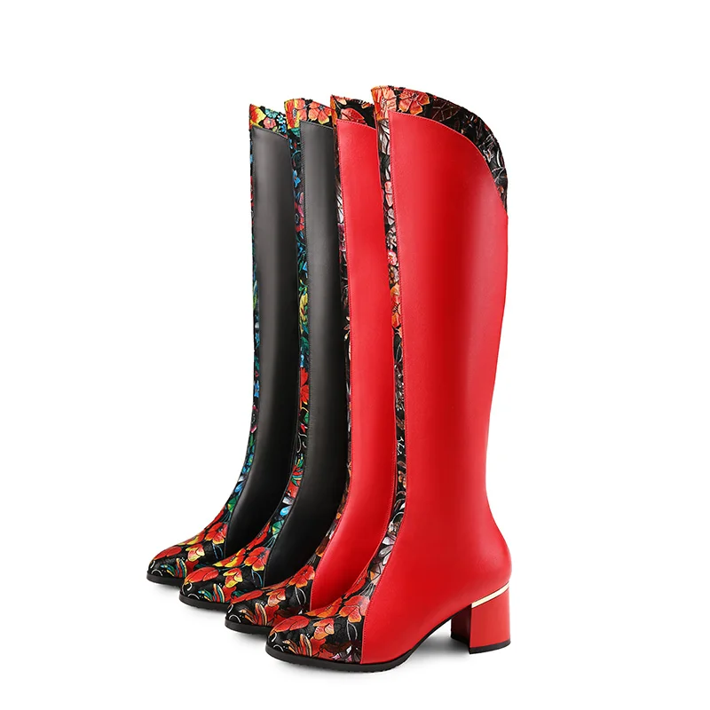 WETKISS/ стиль; женские сапоги до колена с цветочным принтом; зимние сапоги из натуральной кожи; женские сапоги до бедра на молнии в этническом стиле на толстом каблуке