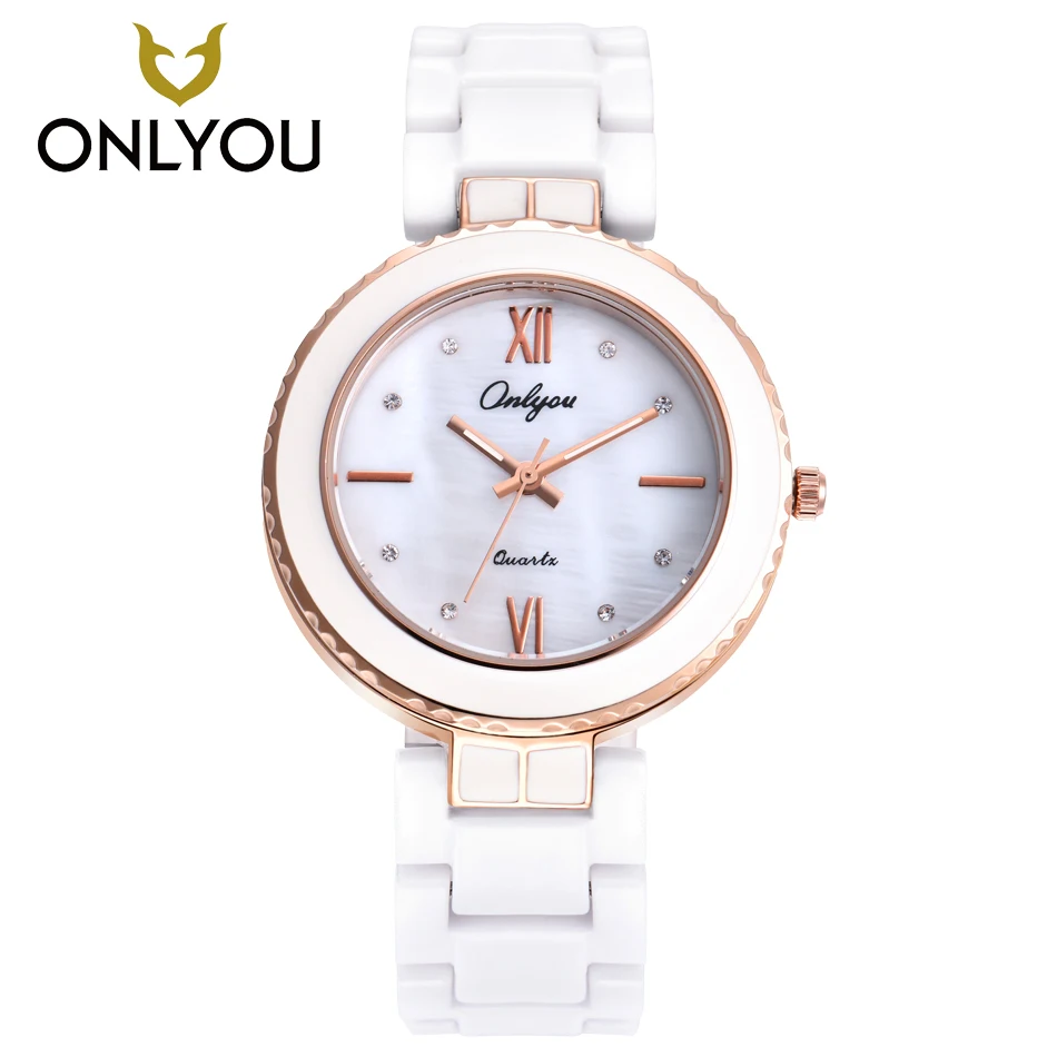 ONLYOU Women Watches Fashion Ceramic Watch Girls Elegant Bracelet Female Quartz Wristwatches Diamond Dress Clock White Unique