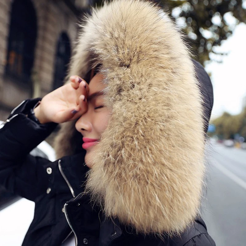 YEYELANA High Quality Large Real Fur 2018 Winter Jacket Women Genuine Raccoon Fur Collar Hooded Thick Coat Women Winter Parka