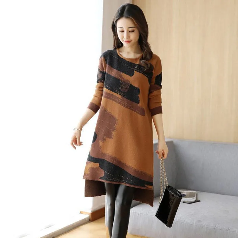 

Fashion Women Long Sleeve O Neck Dress Autumn Printed Loose Casual Dress