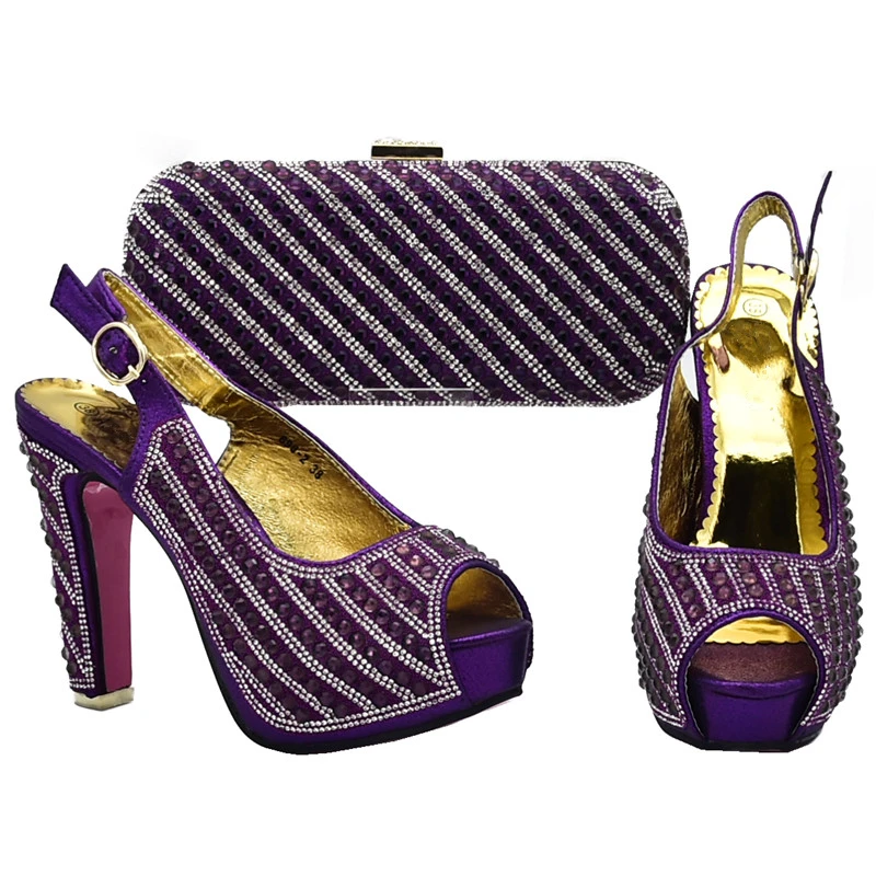 Новое поступление; вечерние туфли и сумочка в комплекте в нигерийском стиле; комплект из свадебных туфель и сумочки в африканском стиле; Украшенные стразами; женская обувь с сумочкой - Цвет: Фиолетовый