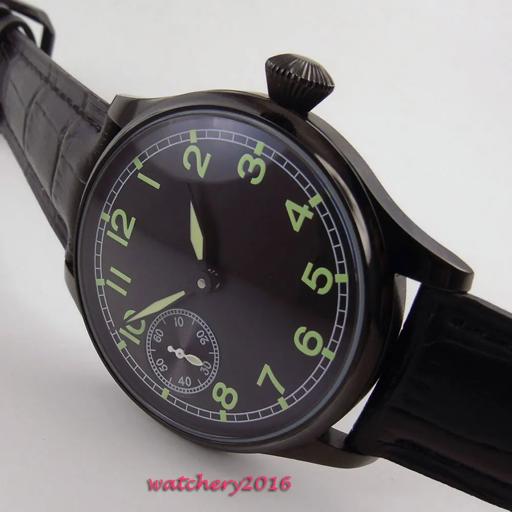 

44mm Parnis black dial PVD case Luminous Mark top brand Luxury green number 6497 hand winding movement Men's business Watch