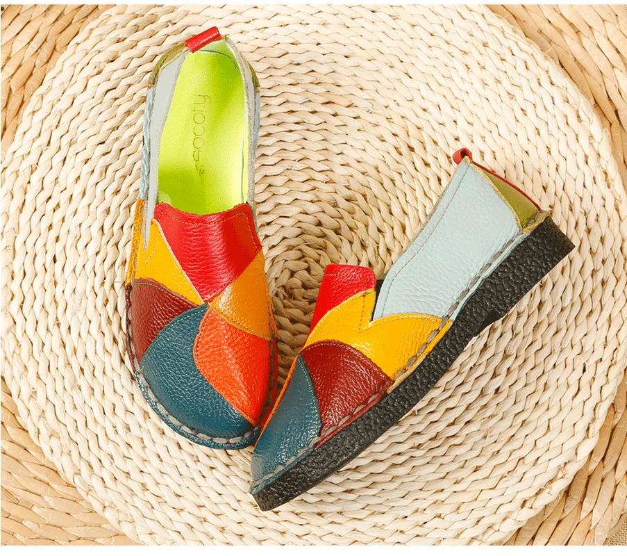 

Handmade Women Flats Women Shoes Comfort Genuine Leather Shoes Women Slip-on Flat Mom Shoes Color Matching Female Shoes Footwear