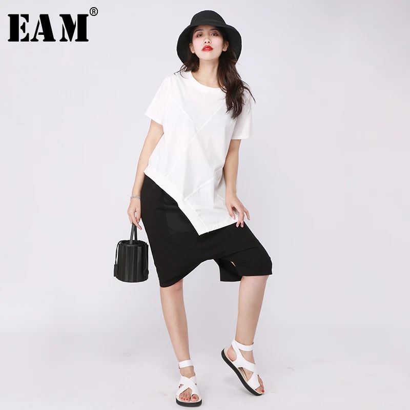 

[EAM] 2019 New Spring Summer Round Neck Short Sleeve Black Irregular Split Joint Loose Big Size T-shirt Women Fashion JW651