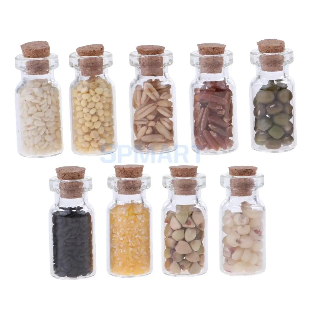 MagiDeal 9Pcs/Lot 1/12 Dollhouse Miniature Glass Jar With Dried Food Kitchen Accs for Dolls Home Office Party Decor Toys