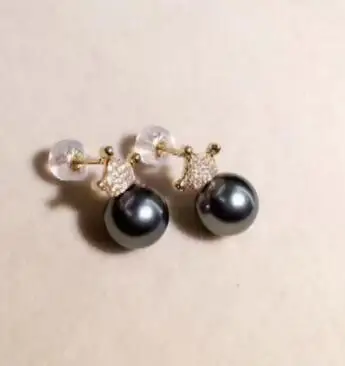 

free shipping elegant AAA10-11mm tahitian black green round pearl dangle earring yellow gold