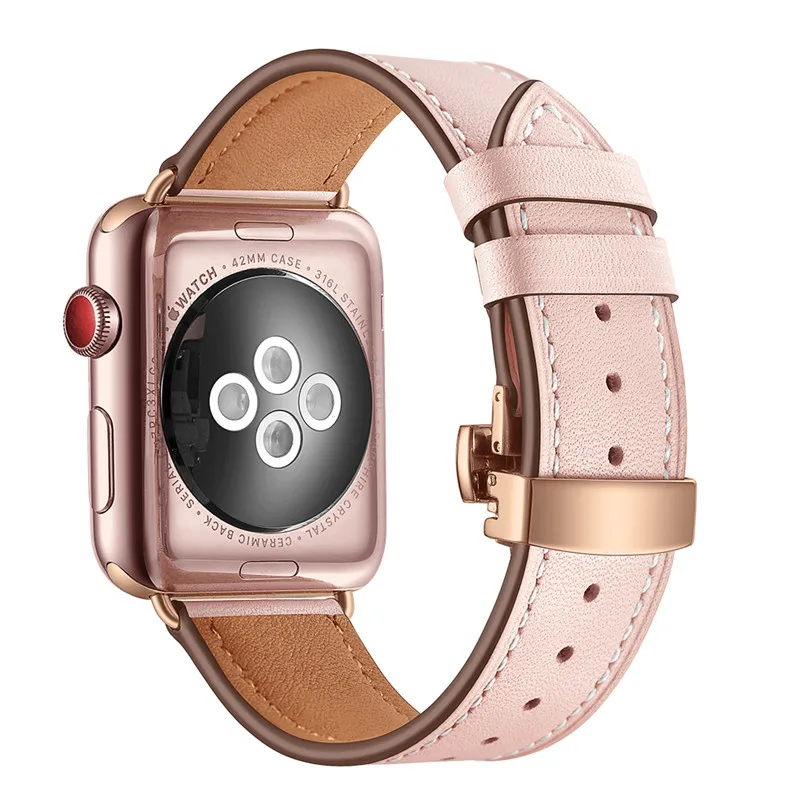 Rose Gold Butterfly Clasp Leather Watch Strap For Apple Watch Band 38mm 42mm For iWatch Fashion Replace Bracelet Watchbands