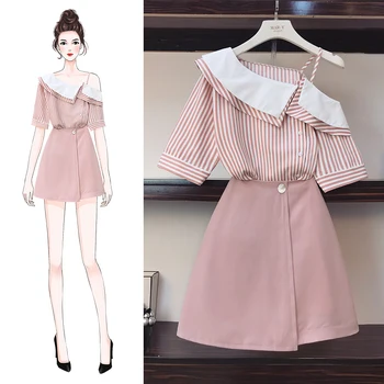 

L-4XL Large Size Women's Sets Slash Neck Short Sleeve Striped Blouses + Solid Color Short A-line Skirts Students Suits Sweet