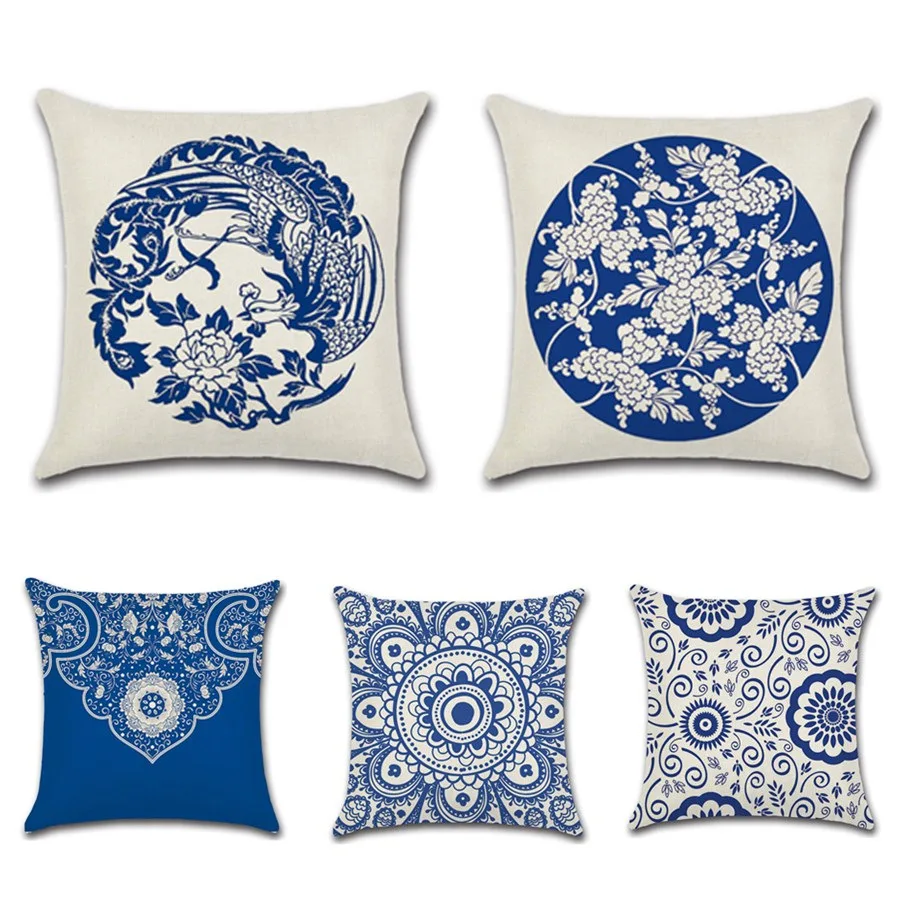 

Blue and white porcelain Phoenix Chinese art Geometric Cushion Cover Decoration Home house sofa shop seat Pillowcase friend gift