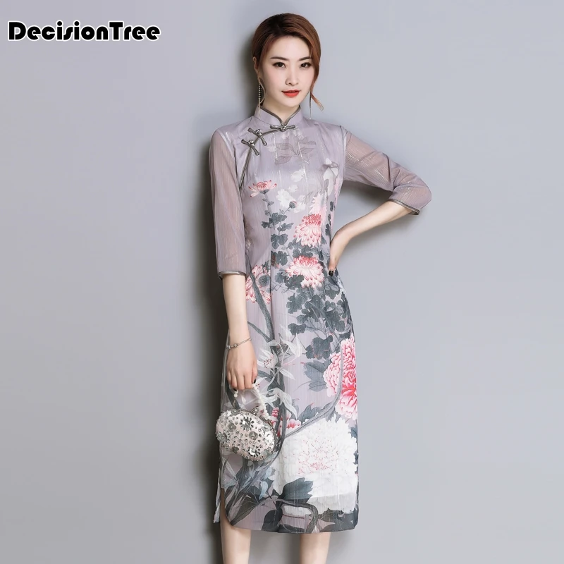 

2019 aodai women qipao chinese style elegant qipao stand collar half sleeve asian casual chiffon long aodai qipao