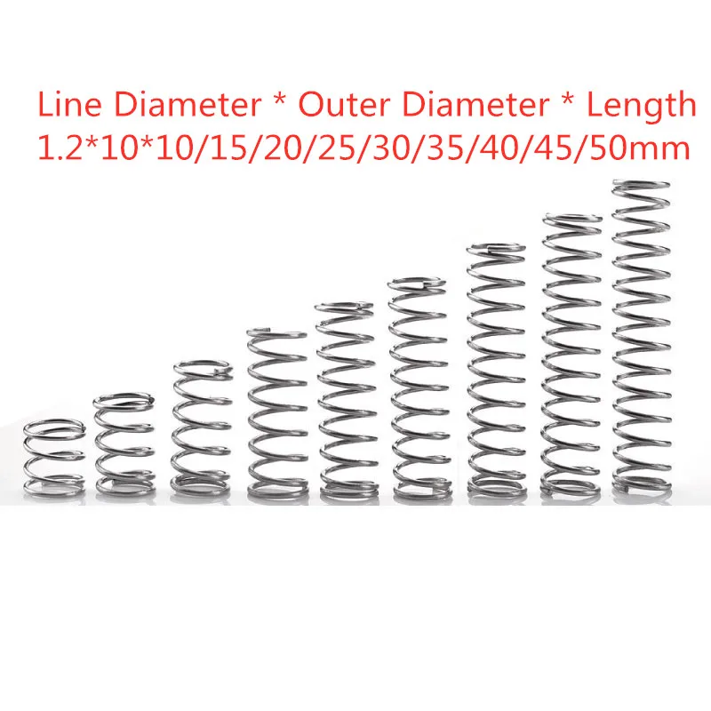 10 шт. 304 пружина из нержавеющей стали, пружина для сжатия, пружина, Диаметр 1,2* Внешний диаметр 10* длина 10-50