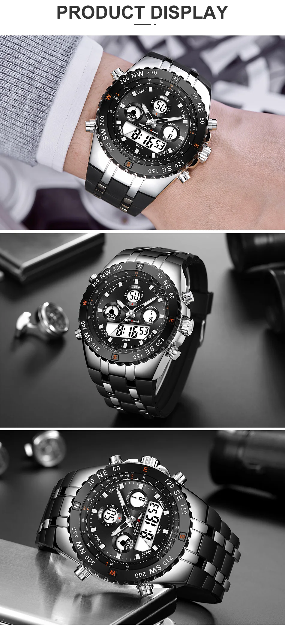 Бренд GOLDENHOUR, мужские спортивные часы, мужские кварцевые Многофункциональные военные часы, аналоговые цифровые водонепроницаемые силиконовые наручные часы
