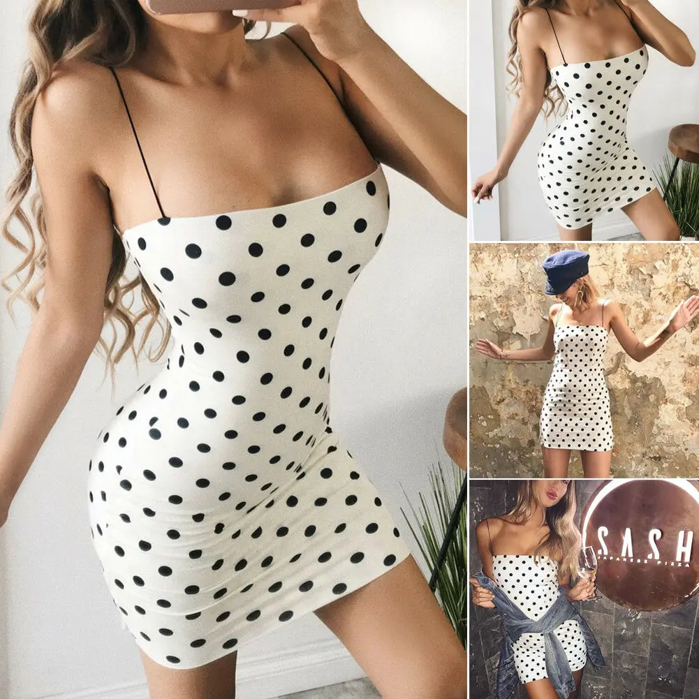 

Women's Polka Dot Low-cut Bodycon Dress Ladies Evening Party Strap Short Mini Dress Slim Vestidos Pencil Dresses