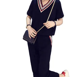 Women V collar Clothing Suits Tracksuit short Sleeve Sweatshirt+ Pants High Waist Jumpsuit Fashion 2pcs Set Women V collar Clothing Suits Tracksuit short Sleeve Sweatshirt+ Pants High Waist Jumpsuit Fashion 2pcs Set