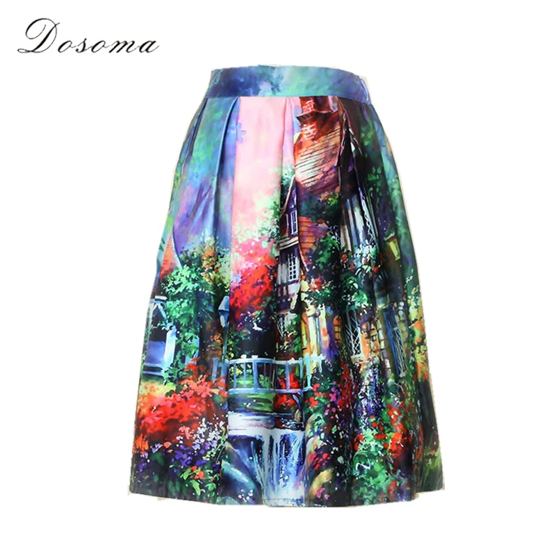 scenic paint printed high waist skirt women 2017 european style elegant