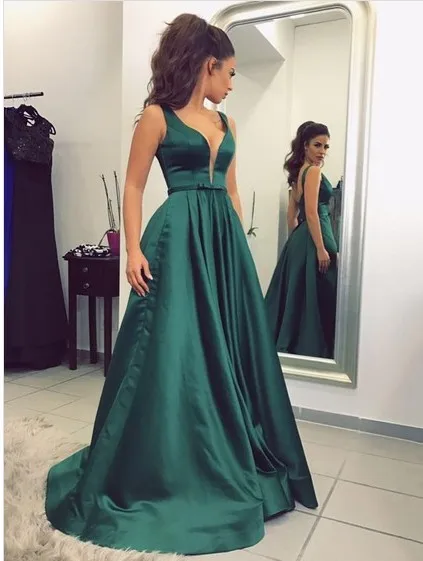 

A-Line Satin V-Neck Long Elegant Prom Dress Sweep Train Abiti da cerimonia donna Formal Dress Women