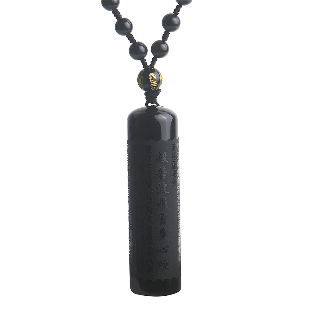 

Natural Black Obsidian Pendant Prajna paramita Sutra Buddha Necklace Pendant With Lucky Beads Chain Fashion Jewelry