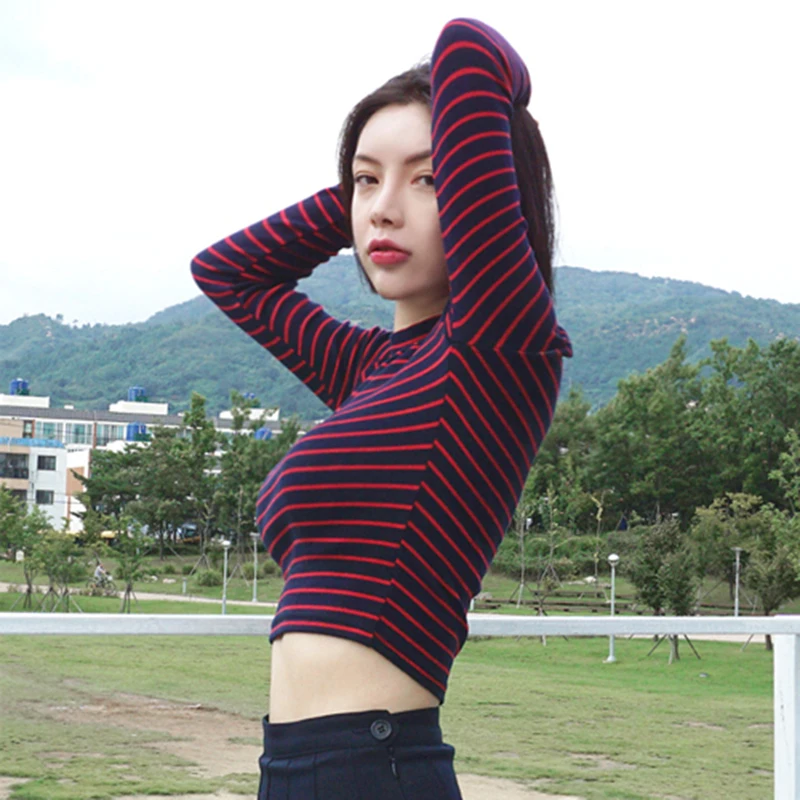 Красная синяя полосатая Сексуальная корейская модная туника женская футболка Водолазка с длинным рукавом Короткая Футболка harajuku летний тонкий короткий топ