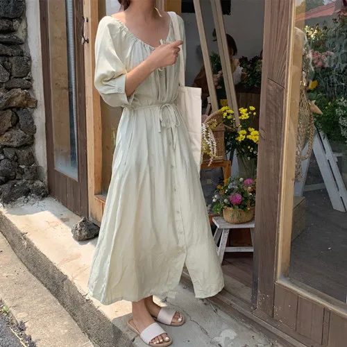 

Women Summer Maxi Long Dress with Belt Short Sleeve Drawstring O-neck Single Breasted Vintage Female Loose Vestidos Mujer Casual