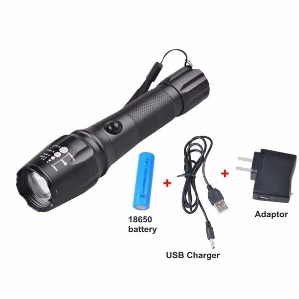 

Rechargeable 18650 tactical police Flashlight high powerful 3800LM XML T6 LED Hunting Flashlight with battery AC/DC USB changer