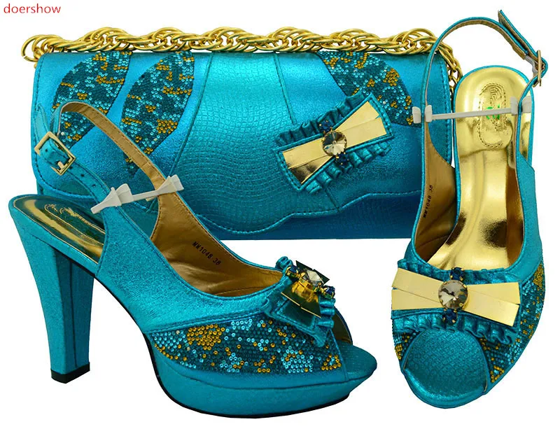 

doershow African Sets blue Color African Women Italian Shoe and Bag Set Decorated with Rhinestone Nigerian Shoes and Bag!HSK1-9