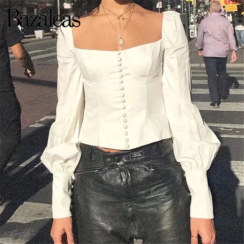 

Bazaleas 2019 Vintage Back Bow womens tops and blouses Slim Buttons Blusa Feminina White Crop blusas mujer de moda Casual