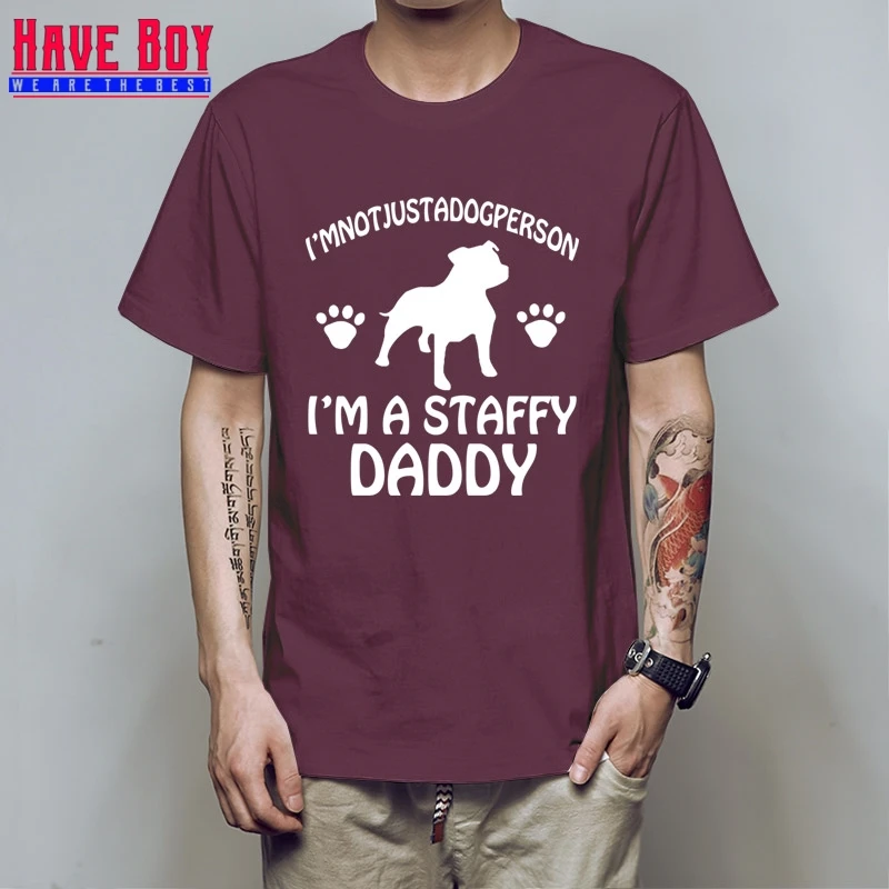 Летние рубашка с короткими рукавами футболка короткий рукав короткий I'm Staffy папа круглый вырез горловины мужские футболки HB06