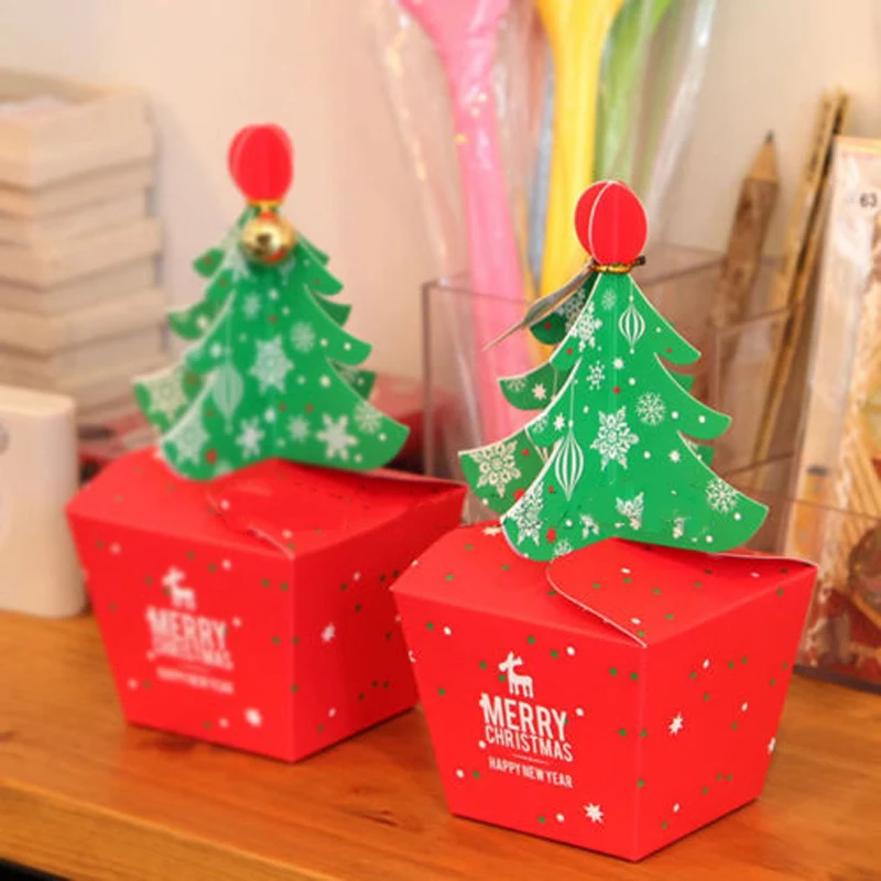 

1pc Paperboard Red Christmas Tree Packing Box Cupcakes Dessert Cookies Candy Gift Xmas Apple Box with Bells New Year Supplies