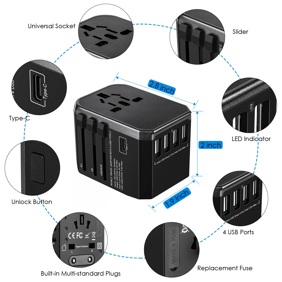 Всемирно известный адаптер для путешествий Электрический Вилки розетки 4 USB 2.4A Порты и разъёмы+ Тип-C Мощность адаптер Универсальный адаптер переменного тока в постоянный ток стены Зарядное устройство для ЕС/США/Австралии/Великобритании