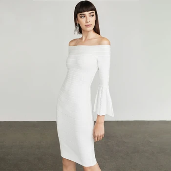 

Fashion Whiter Bandage Dress Long Sleeve Slash Neck 2018 Elegant Off The Shoulder Brief Solid Vestidos Celebrity Party Dresses