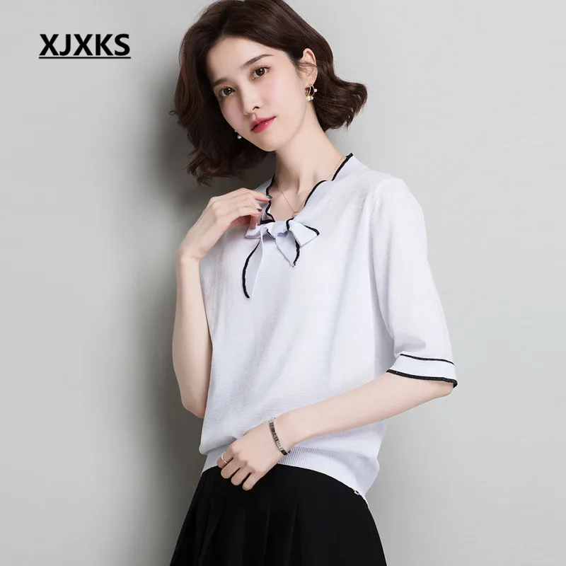 

XJXKS Women's Summer T-shirt 2019 New Fashion Bow Collar Comfort Linen Thin Knitted T-Shirt Women's Short Sleeve Top