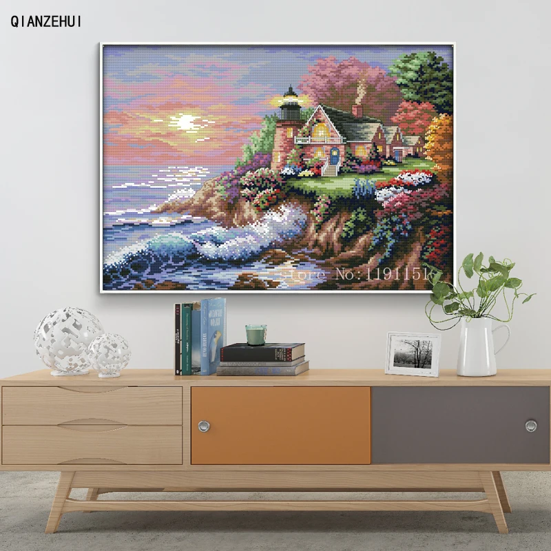 

QIANZEHUI,Needlework,DIY The seaside lighthouse Cross stitch,Sets For Embroidery kits The seaside lighthouse Cross-Stitch