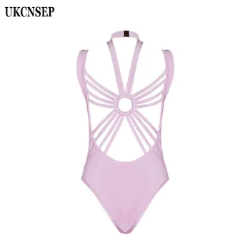 

2020 New Women Sexy Beach Bandage Bodysuit Sleeveless Halter Backless Striped Hollow Out Bodycon Elegant Bandage Party Bodysuit