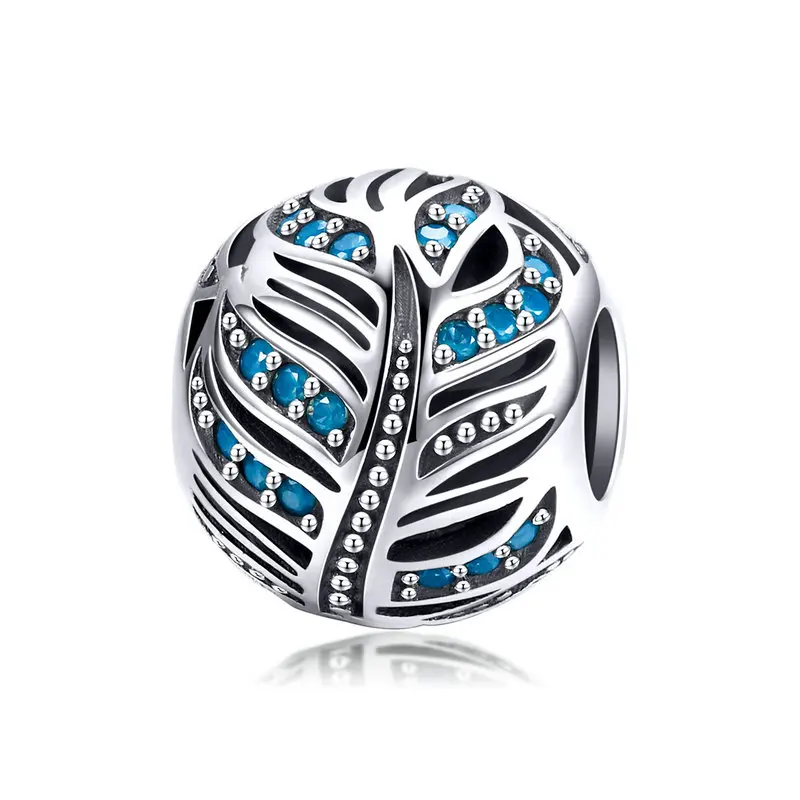 

MOWIMO Genuine 925 Sterling Silver Free Feather With Blue Beads Fit Original pandora Charm Bracelets Jewelry Making BKC954