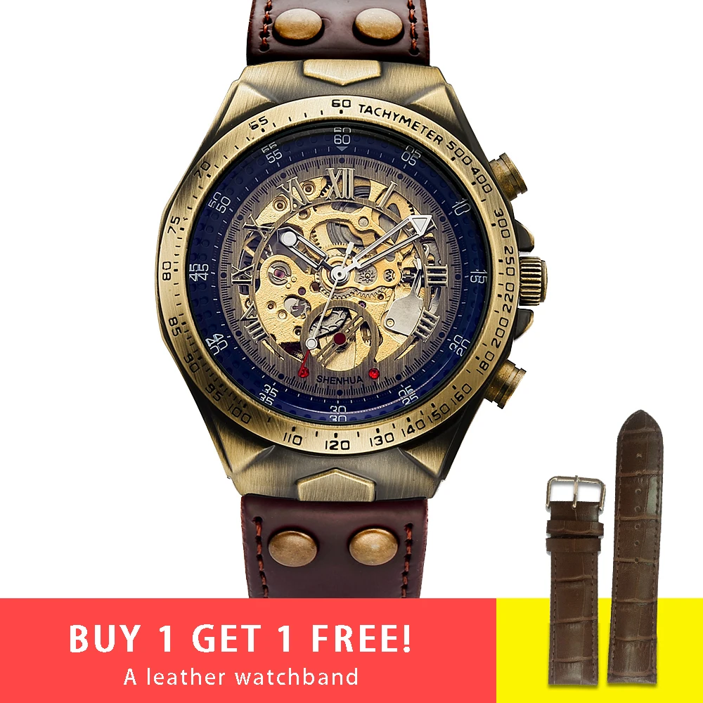 

Steampunk Bronze Automatic Watch Men Mechanical Watches Vintage Retro Leather Transparent Skeleton Watch Man Clock montre homme