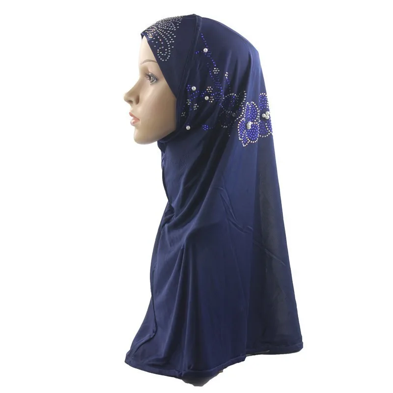 Мусульманский женский хиджаб исламский шарф женщина Амира Кепка полное покрытие головной убор с цветочным алмазным узором - Цвет: Navy Blue