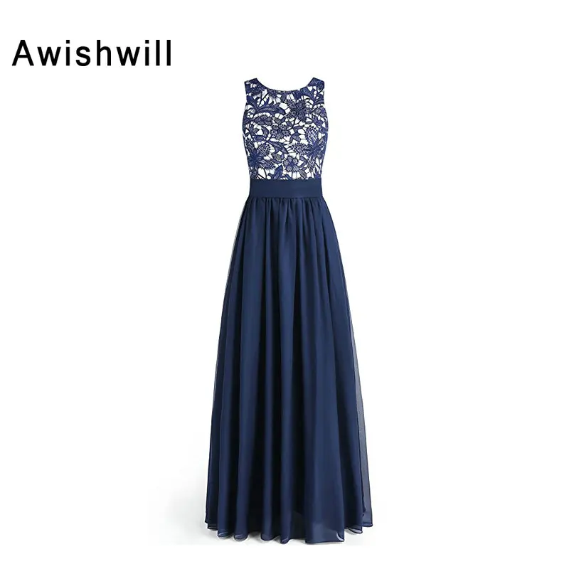 

Modest Mother of The Bride Dress in Navy Blue Sleeveless Lace Chiffon Floor Length Women Formal Evening Dress Pageant Gowns