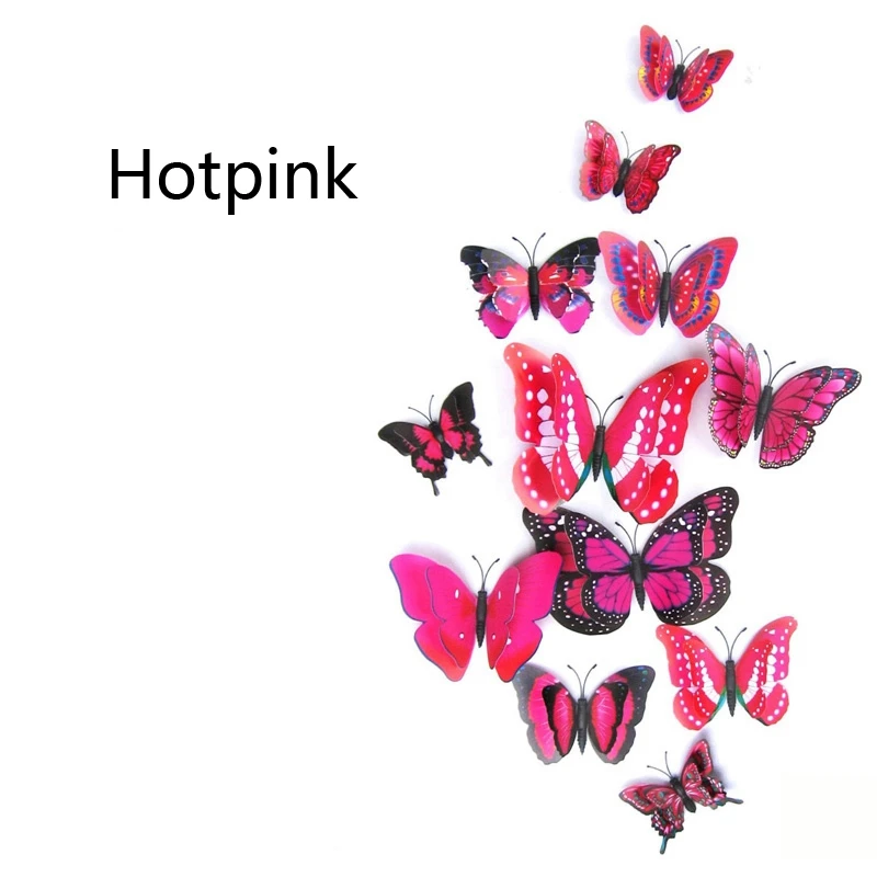 12 шт./компл. двойной Слои крыло 3D Искусственные бабочки на магните Декор холодильника наклейки на стену с резиновыми полосками продается дома вечерние год украшения - Цвет: Hotpink