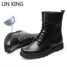 LIN KING/мужские черные рабочие ботинки со стальным носком; мужские мотоциклетные ботинки на шнуровке в стиле панк; Уличная обувь с высоким берцем в армейском стиле для мужчин