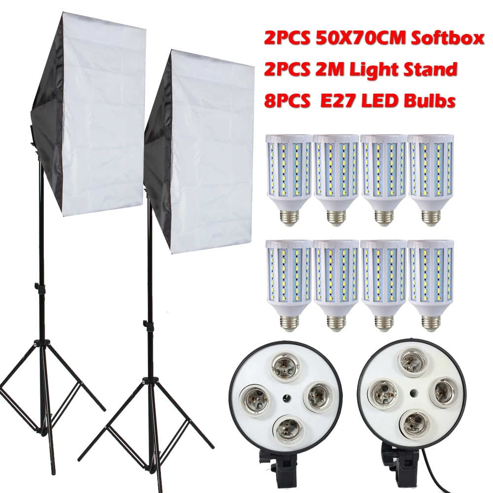 Free Tax To Russia 110-240v Four Socket Lamp Holder With Continuous Lighting 5070cm Softbox 2 pcs include 8E27 LED Bulus