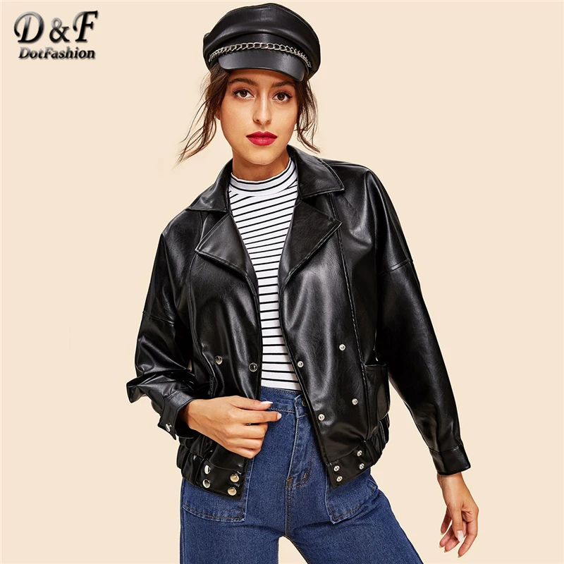 Goedkoop Dotfashion Zwart Dichtgeknoopt Zoom PU Biker Jas Vrouwen Jassen En Jassen Vintage Herfst 2018 Kleding Double Breasted Bovenkleding