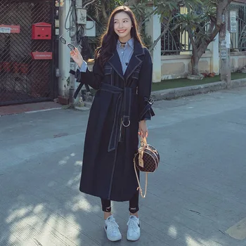 

Fashion Spring Autumn Commuter Style Cowboy Over the Knee Jacket Casual Long Loose BF Wind Long SleeveStraight Lapel Windbreaker